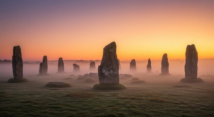 Ancient stone circle at sunrise with mystical fog covering the landscape