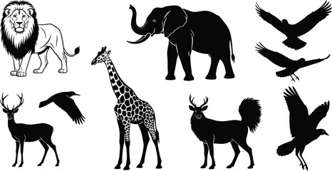 Wild animal silhouettes, lion, elephant, giraffe, deer, dog, birds flying, black vector icons, wildlife illustration, nature, forest, safari
