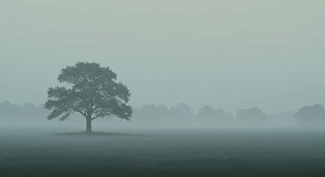Minimalist illustration of a solitary tree in a dense foggy field at sunrise
