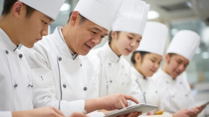 A group of chefs are working together in a kitchen