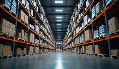 Fototapeta premium A spacious warehouse filled with neatly stacked boxes on metal shelves, illuminated by overhead lights.