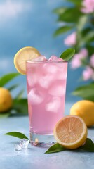 Fototapeta premium Refreshing Pink Lemonade with Lemon Slice and Ice Cubes, Perfect Summer Drink CloseUp