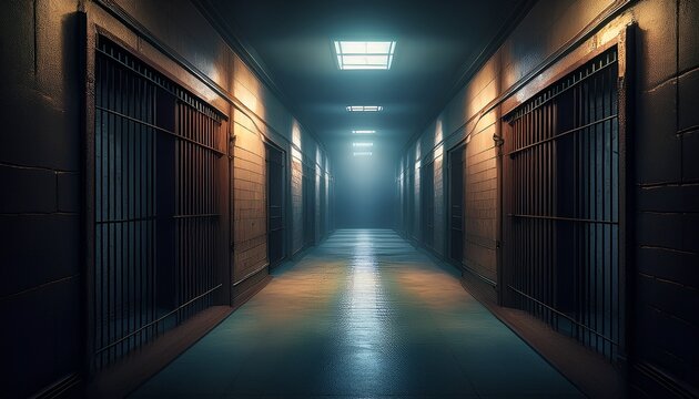 a long narrow dimly lit prison corridor with barred cells on either side a single window at the end of the corridor casts a beam of light into the darkness a dark atmospheric generative ai image