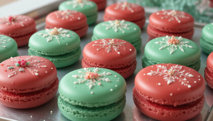 Fototapeta premium Festive red and green macarons decorated with intricate snowflake designs are arranged tray, creating cheerful holiday atmosphere. delicate details and vibrant colors enhance their visual appeal