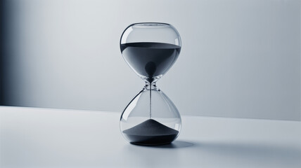 Transparent glass hourglass with dark sand flowing on gradient background symbol of time patience and deadline