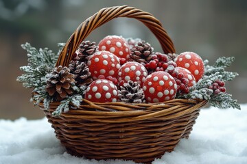 Basket filled with red and white Christmas balls.