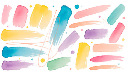 A collection of watercolor brushstrokes and dots on a transparent background, featuring vibrant and pastel colors, strokes of varying thickness, fine lines, splashes, and stains.