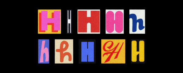 Magazine letter H cutout tiles collage set on a solid black background

