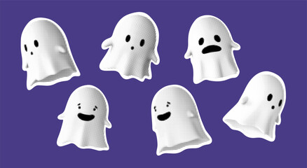 Cute halftone ghosts set. Cartoon spooky characters with different emotions for Halloween, poster, sticker, social media and comic design. Isolated vector illustration
