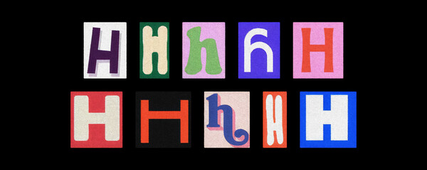 Magazine letter H cutout tiles collage set on a solid black background
