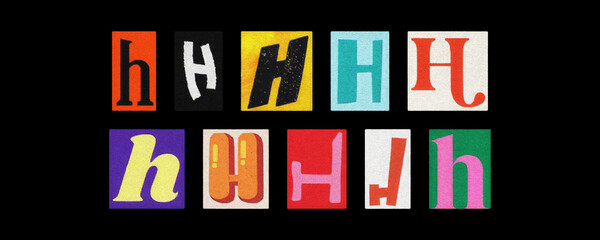 Colorful letter H collage from magazine clippings arranged on black
