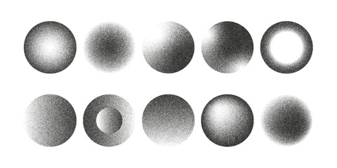 Abstract circles with photocopy grain effect. Vintage noise texture in halftone style. Minimal black and white round shapes for poster, background, and graphic design