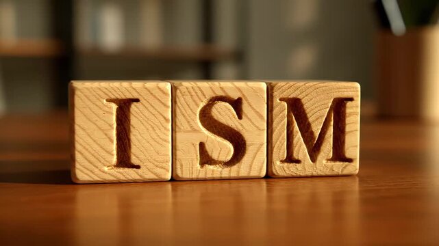Collection of wooden blocks displaying the letters ISM are arranged neatly on a rustic table in a cozy room. The ISM suffix is commonly found in a variety of concepts and ideas