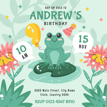 Frog birthday card design for 9th celebration with balloons.