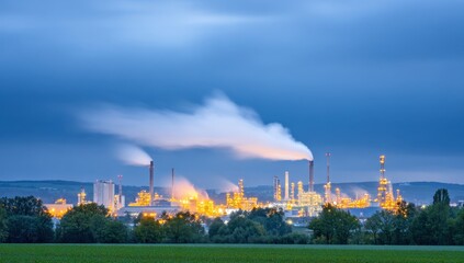 Industrial Power Plant at Dusk with Smoky Emissions and Lights