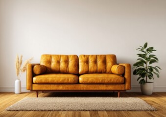 Cozy Modern Living Room with Stylish Brown Leather Sofa and Plant
