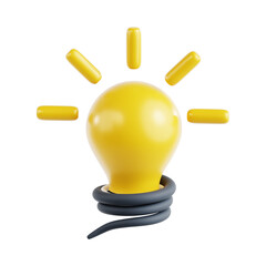 3D Abstract Illustration of Yellow Light Bulb with Spiral Cord and Rays Representing Bright Idea and Innovation
