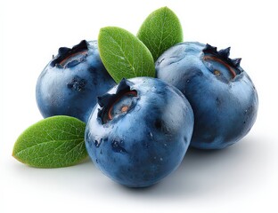 Obraz premium Fresh Blueberries With Green Leaves On White Background