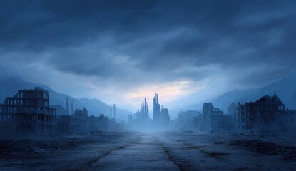 Abandoned Cityscape Under Cloudy Sky at Dusk with Ruins