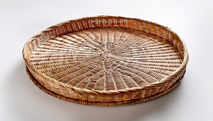 aerial view of a vacant circular wicker tray on a white background