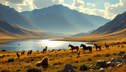 Wildlife Scene Sparkling Lake with Horses Lions and Birds