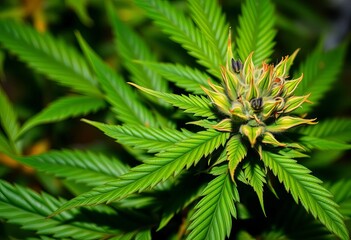 Fototapeta premium Close-up of cannabis plant showing vegetative and flowering stages, weed, plantation