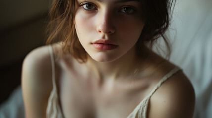 Studio portrait of a young woman captured with soft cinematic light and shallow depth of field, highlighting natural skin texture, subtle beauty, and delicate emotional expression