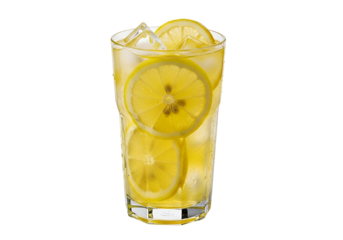 A refreshing beverage, showcasing a tall glass filled with ice and lemon slices, creating a vibrant and summery image.