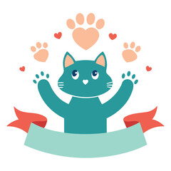 Cute teal cat with paws and hearts