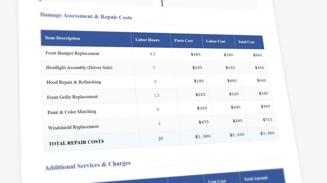 Insurance claim processing document with animated settlement calculations and coverage details