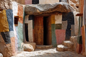 A colorful, patterned rock-face passageway, with a wooden door, evokes a sense of ancient, vibrant artistry.