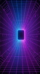 Enter futuristic neon grid tunnel towards glowing portal, evoking digital cyberspace and retro gaming vibes