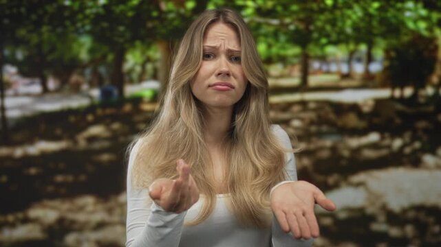 Woman displays rubbing fingertips and presenting open palm gesture while asking for money in green park under tree canopies; pleading need.