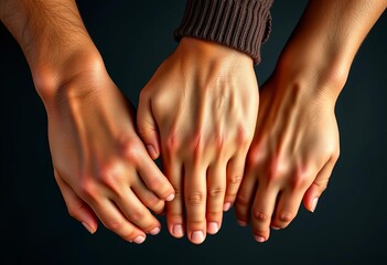 Three diverse hands clasped together, showing unity and support,  care,  three