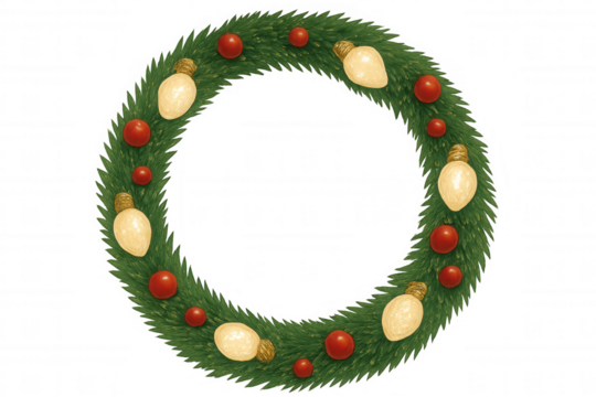 Christmas holiday wreath frame decorating with vintage light bulbs and red ornaments on transparent background