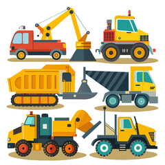 Collection of colorful cartoon construction vehicles and heavy machinery construction, vehicles, heavy machinery, truck, excavator, digger, dump truck, bulldozer, crane