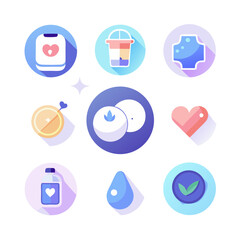 Healthy lifestyle icons with fruits and medical symbols health, wellness, icons, symbols, medical, fruit, blueberry, heart, drink, bottle, pill, leaf