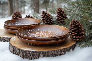 Snow-covered wooden bowls.