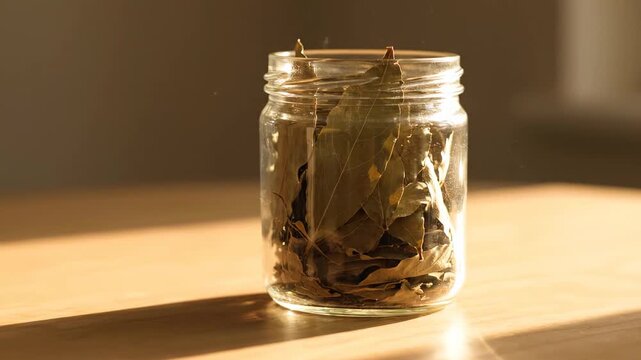 Glass jar filled with dried bay leaves, a common kitchen spice and herb. The container is sitting on a wooden table, lit by warm sunlight