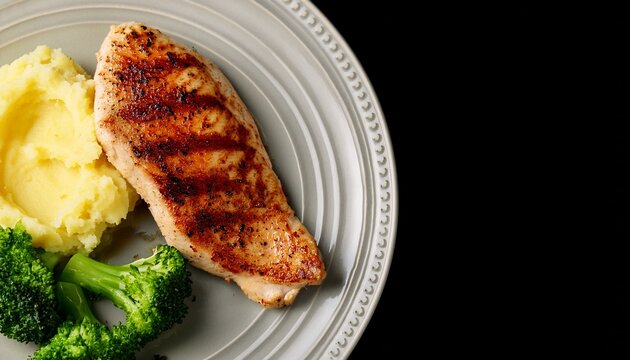 close up top view of healthy grilled chicken breast mashed potatoes and broccoli on a pl