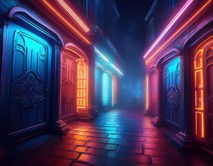 Fototapeta premium neon doors smoky alley mystery choices background