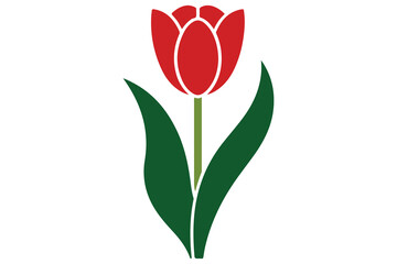 Red tulip flower silhouette with green leaves isolated on white background

