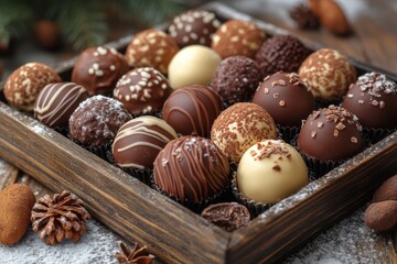 Chocolates and nuts in a rustic wooden box.