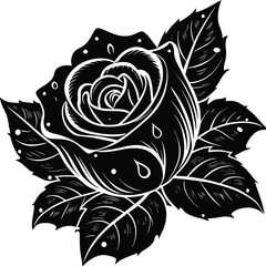 Vintage black and white lily flower illustration with delicate floral ornaments and decorative leaves