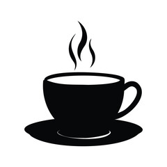Black silhouette of a steaming cup of coffee or tea and saucer, coffee cup with saucer silhouette vector illustration
