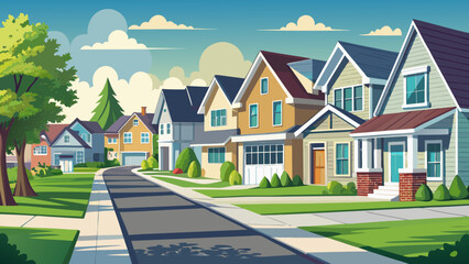 Charming suburban street with colorful houses and lush green lawns © Yeasin