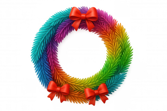 Rainbow christmas wreath with red bows on a transparent background, celebrating holiday diversity and inclusion