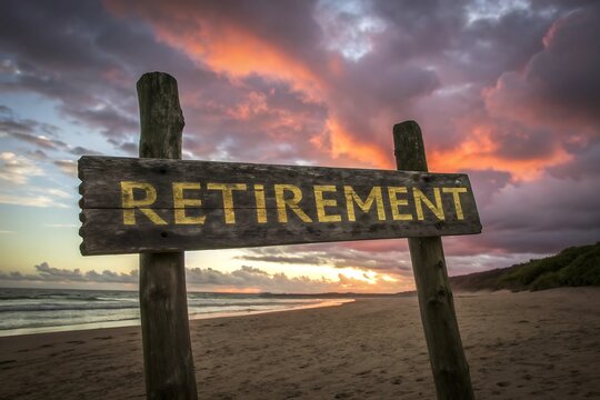 Weathered wooden signpost reads retirement on a serene beach at sunset inspiring peace and new beginnings