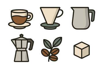 Collection of coffee brewing accessories, hot beverage cup, raw beans, and sugar cube for morning drink preparation