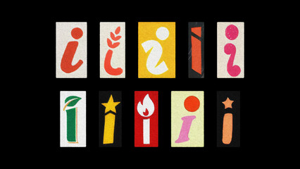 Assorted letter I typography styles, paper cutouts against black
